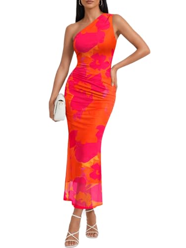 Trendy Queen Womens One Shoulder Cocktail Fall Wedding Guest Dresses 2026 Bodycon Maxi Formal Summer Party Evening Vestido Sexy Ruched Beach Vacation Tropical Elegant Mesh Long Floral Orange M