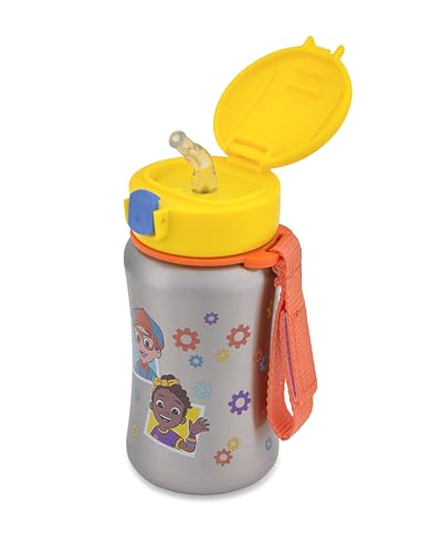 Image of Skip Hop x Blippi & Meekah Toddler Stainless Steel Water Bottle, BPA-Free Toddler Water Bottle with Pop-Up Lid & Flexible Straw Holds 12oz. Age 12m+