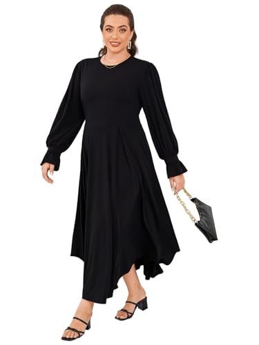 Image of Baczoe Plus Size Long Sleeve Church Dress for Curvy Women | Maxi Length, Elegant Formal Style, Flowy A-Line Shape, Two Side Pockets