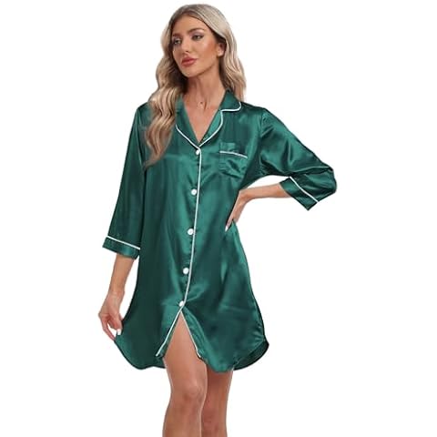 MUSSIN Women's Satin Nightgown Button Down Sleep Shirt 3/4 Sleeve Sleepwear V-Neck Pajama Dress Boyfriend Style Nightshirt Green M Cover