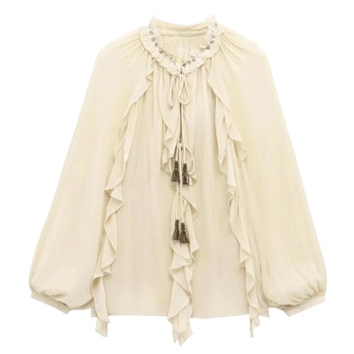 Womens Chiffon Blouses O-Neck Lantern Long Sleeve Ruffle Trim Shirts