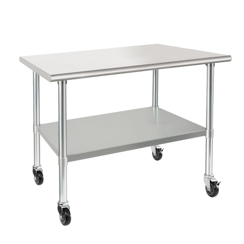Image of HARDURA Stainless Steel Table with Wheels 30 x 36 Inches Casters NSF Heavy Duty Commercial Prep Table with Undershelf and Galvanized Legs for Food Prep