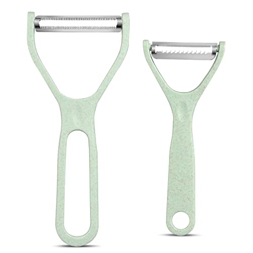 BYbrutek Juego 2 peladores frutas verduras universales, rallador, mango para paja trigo hoja ondulada acero inoxidable, oscilante, apto para lavavajillas, color verde Cover