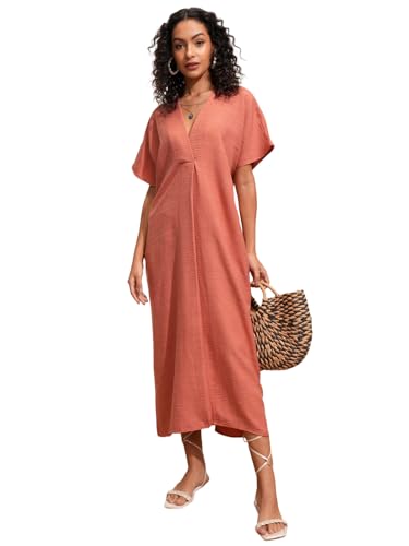 Image of Tokyo Talkies Women's Dresses for Women | Solid Color | Kaftan Style | Holiday Midi Dress | Short Kaftan Sleeves | Relaxed & Elegant
