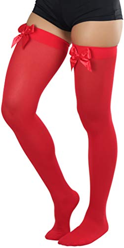 Image of ToBeInStyle Women's Opaque Long Thigh High Stockings w /Decorative Front Satin Bow