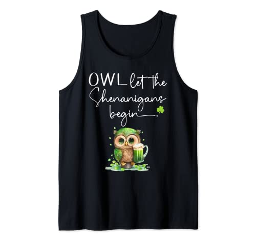 Shamrock Owl St Patricks Day Shirt,Let the Shenanigans Begin Camiseta sin Mangas