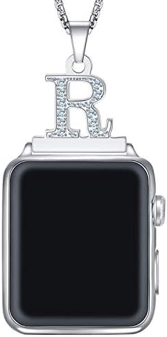 Callancity 2in1 Zircon Alphabet Letter A-Z Necklace Pendant Watch Connector Adapter Stainless Steel Box Chain Compatible for Apple Watch Series 8/7/6/5/4/3 42mm 44mm 45mm 49mm