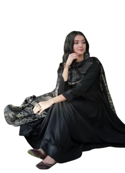 Rayon Plain Anarkali Kurti Set with Pant and Dupatta, Black, Chanderi Cotton Dupatta, Fully Stitched, Size M-L-XL (IN, Alpha, L, Regular)
