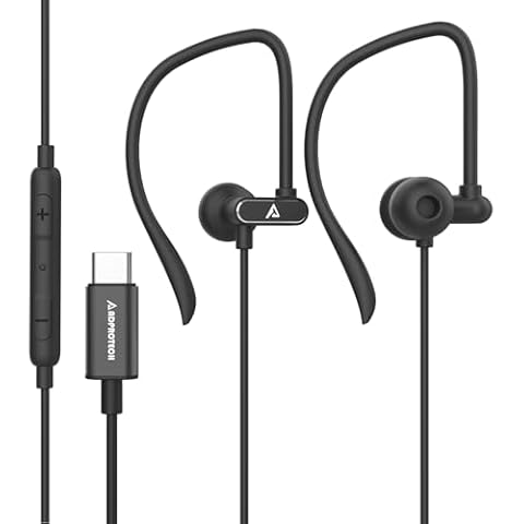 USB C Headphones with Microphone Wired USB C Earphones for Sports and Running Type C Earbuds Hooks Volume Control, Compatible with iPhone 16/15, Samsung, Google and Other Type C Smart Phone, Black Cover