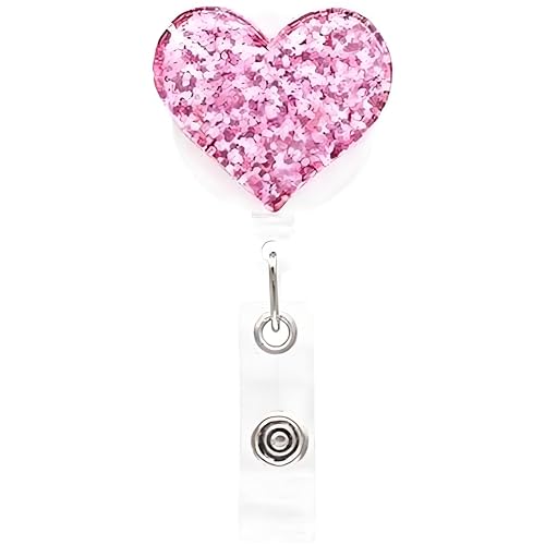 Heart Retractable Badge Holder, ID Card Clips, Badge Reel for Nurses Students Workers, Badge Holders (Pink)