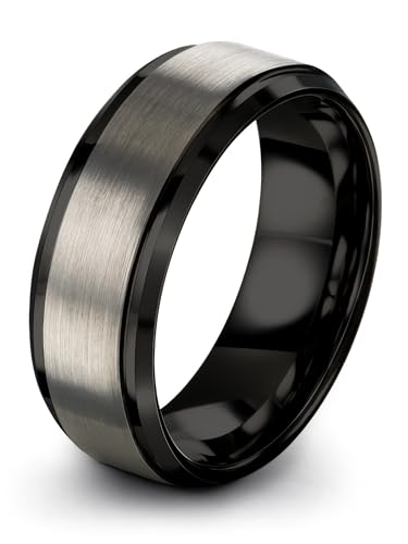 Charming Jewelers Tungsten Wedding Band Ring 8mm Men Women Comfort Fit Black Grey Step Bevel Edge Brushed Polished Size 4