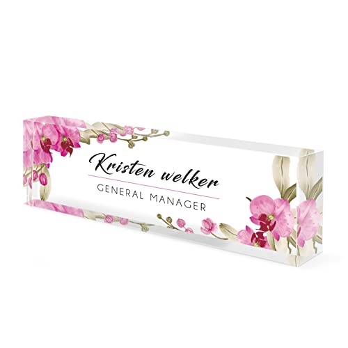 Desk Name Plate Personalized, Custom Name Plates for Desks, Office Desk Decor, Orchids Style Clear Acrylic Glass Block, Personalized Office Gifts for Women Men Boss Teachers Coworker Appreciation Gift
