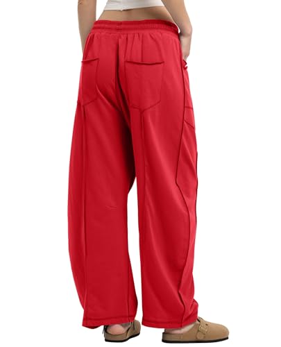 CHANGEOWN Barrel Pants for Women, Wide Leg Baggy Sweatpants Drawstring High Waisted Lounge Trousers with Pockets, Relaxed Fit Casual Pants, RED, 2XL — view 2