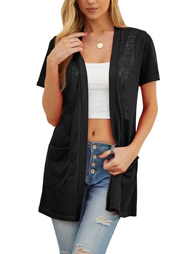 QIXING Womens Summer Cardigan Lightweight Short Sleeve Long Cardigan - Sun Protection, Breathable, Soft Cardigans Perfect for Summer Nights, Office and Dating (Black, L)