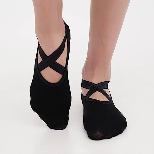 FlowMove Women's Non Slip Ballerina Socks with Straps and Grips, Ideal for Barre, Pilates, Dances, Yoga, Stretching, Barefoot Activities, Size 6-8.5US4