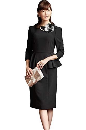 [ルイ ルエ ブティック] ペプラム Ｉライン ワンピース レディース ママ ミセス 母 フォーマル 膝下 長袖 大きいサイズ オールシーズン セレモニー 冠婚葬祭 式 入学式 入園式 卒業式 卒園式 お祝い ビジネス 結婚式 L(11号) ブラックU689-L-B