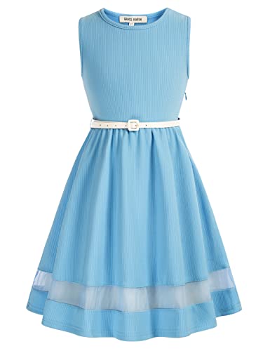 Girls Mesh Aline Dress Solid Casual Round Neck Sleeveless Dress With Belt 12 Years #TOP5