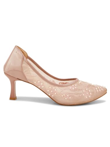 Image of TRYME Floral Embroidered Stiletto Heels for Women | Elegant Mesh High Heels with Stylish Feminine Design