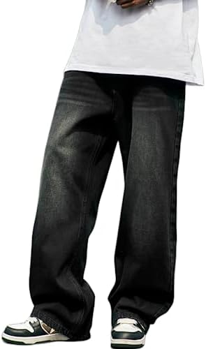 Mens Baggy Jeans Y2k Skater Vintage Plain Pants Casual Wide Leg Loose Fit Denim Hip Hop Jean