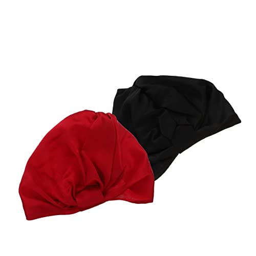 minkissy 2pcs Women Silk Home Use Sleep Caps Wide Brim Hairdressing Hat Tidy Sleep Gentle Hair Red