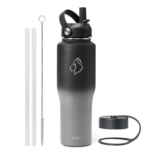 BUZIO Stainless Steel Water Bottle Vacuum Insulated (Cold for 48 Hrs, Hot for 24 Hrs),32oz Tumbler Travel Flask with Straw Lid and Flex Cap, Fit in Any Car Cup Holder Shadow 32 Ounces