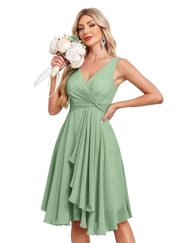 Image of Women's V Neck Short Bridesmaid Dresses 2025 Ruched Waist A Line Chiffon Formal Cocktail Party Dress