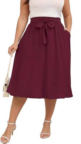 Xpenyo Plus Size for Women Casual Summer A-Line Skirts Cute Curvy Knee Length Midi Skirts with Pockets Wine Red 2XL
