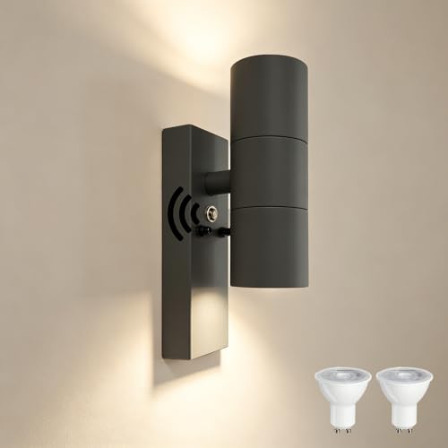 JNR Buitenlamp met schemersensor, roestvrij staal, IP54, waterdichte LED-buitenlamp met lichtsensor, incl. 2x 5W GU10 3000K warmwitte lamp