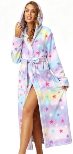 RONGTAI Langer Damen-Bademantel aus Plüsch-Fleece, dick, mit Kapuze, mit Taschen, flauschige Nachtwäsche für Herren