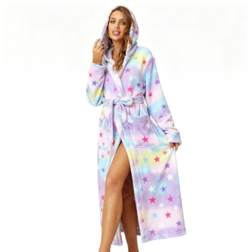 Image of RONGTAI Womens Robes Plush Fleece Hooded Bathrobe Thick Nightgown with Pockets Fluffy Sleepwear