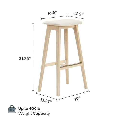 Plank+Beam Beryl Bar Height Stool - Mid-Century Modern Rubberwood Bar Stool with Faux Leather Seat, Metal Footrest, Easy Assembly, 2-Pack, Blonde/Sesame - Thumbnail 2