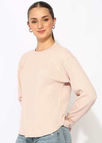 Image of Alan Jones Clothing Women's 100%Cotton Relaxed Fit Waffle Crew Neck Long Sleeve T-Shirt