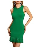 MakeMeChic Women's 2025 Summer Dress Casual Crochet Ribbed Knit Ruffle Hem Sleeveless Bodycon Tank Mini Dresses Green L