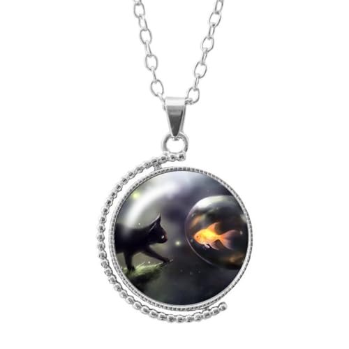 Pendentif rotatif chat vintage verre double face collier fille rétro