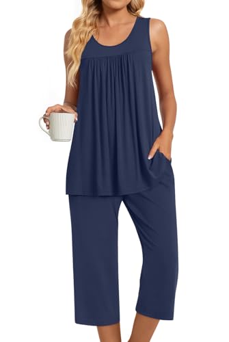 Image of TAOHUADAO Womens Summer 2 Piece Pajama Sets, Sleeveless Tops with Capri Pants, Lounge Ladies Pjs Sets with Pockets