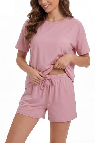 Image of LUBOT Pajamas for Women Set Bamboo Viscose with Cotton Cooling Soft 2 Piece PJ Sets Short Sleeve Nightwear S-2XL