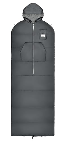 Thermotuff Wearable Sleeping Bag with Dual Hoodie, Zippered Arm Holes, Pockets & Adjustable Drawstring - Ideal for Camping, Cold Weather Hiking, and Stadium Sak Blanket, Grey & White, L-XL