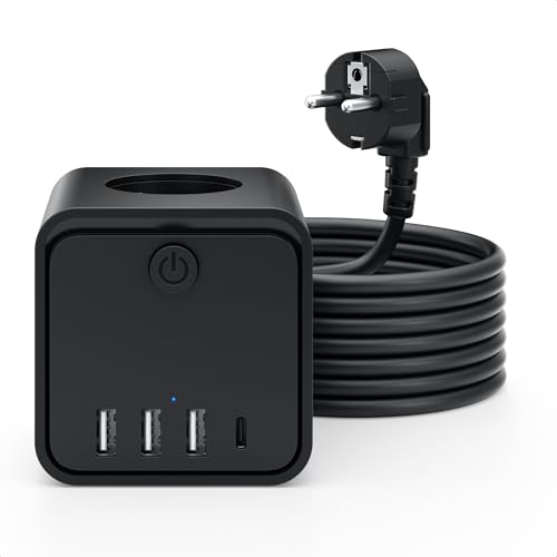 Steckdosenleiste, 7 in 1 Steckdosen mit USB, 3 Steckdosen, mit Schalter, 2 m, Steckdosenleiste mit USB, ideal für Wohnzimmer, Büro, Schlafzimmer