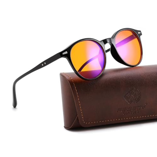 FEISEDY Round Gaming Blue Light Blocking Glasses for Women Men B4211 | Red/Orange Lens Glasses, Anti UV Blue-Ray Glare Screen Fatigue, TR90 Cat Eye Frame, Computer|Sleep|Night Time Screen Use