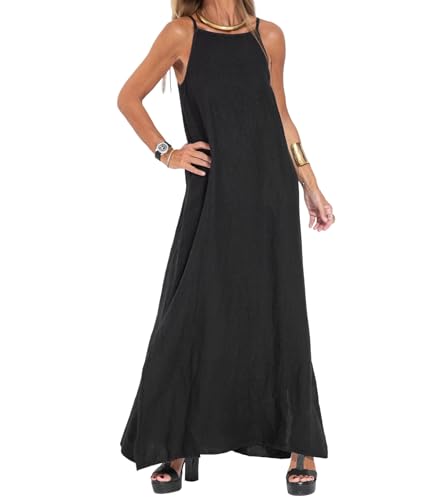 LOAIHA Womens Spaghetti Strap Cotton Linen Sleeveless Maxi Dress Side