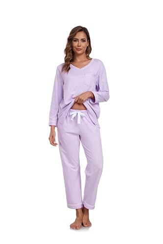 Image of COLORFULLEAF 100% Cotton Pajama Set for Women Long Sleeve Sleepwear with Pants Soft Comfy Two-Piece Pjs with Pockets