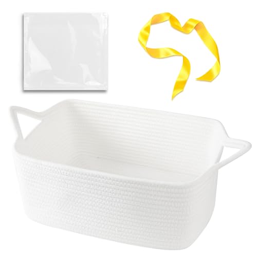 Image of OIAHOMY Small Woven Basket with Gift Bags, Ribbons, Baskets for Gifts Empty, Small Rope Basket 15.35 * 11.42 * 6.7IN, Cute Decorative Baskets with Handles for Baby Pets, Toys, White