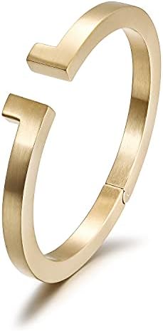 Jinbaoying Wistic Cuff Bracelet for Men Stainless Steel Metal and Spring-Clasp Gold Silver Black Plated Chunky Cuff Bangle Jewelry Gift (Mens Cuff Bangle (Gold))