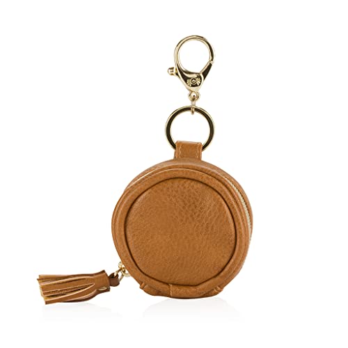 Image of Itzy Ritzy Pacifier Holder Case with Clip - Pacifier Case Includes Clasp to Easily Attach to a Diaper Bag or Purse, Measures 2.5 inch in Diameter and Holds 2 Pacifiers (Cognac)