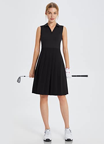 Baleaf Women's Knee Length Golf Dresses Pleated Dress Sleeveless Stretch Dress Elegant Polo V Neck Upf 50+ Skirts Deep Black S #TOP4