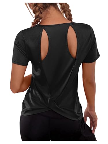 OYOANGLE Women's Open Back Workout Tops Short Sleeve Cut Out Crossover Hem Running Gym Exercise Athletic T Shirts