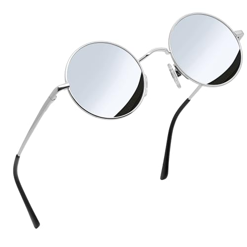 Joopin Small Round Silver Mirror Sunglasses Reflective Sun Glasses Polarized UV400 Protection Shades for Men Women Shady Rays