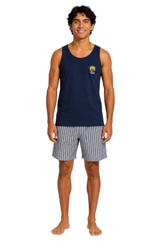 Vanuè Pijama de hombre de algodón corto ligero de verano – Camiseta de tirantes y pantalones cortos – Pijama de dos piezas de 100% algodón fresco –, 1369 Azul, L