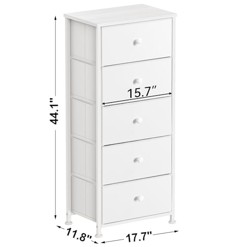 REAHOME Dresser for Bedroom with 5 Drawers, Faux Leather Chest of Drawers, Sturdy Steel Frame, Wood Top, Large Capacity Organizer Tower for Living Room, Entryway, Office, Leather White