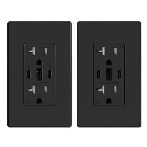 Image of ELEGRP USB Outlets, 30W 6.0 Amp USB C Outlets Receptacles, 3-Port USB Wall Outlet, 20 Amp Tamper-Resistant Outlet with 2 USB C Ports, UL Listed, Screwless Wall Plate Included, 2 Pack, Matte Black